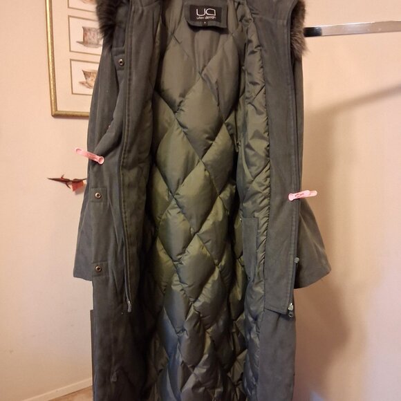 Preowned Utex Design Olive Green Warm Long Coat with Hood Windproof Outerwear - Picture 12 of 16